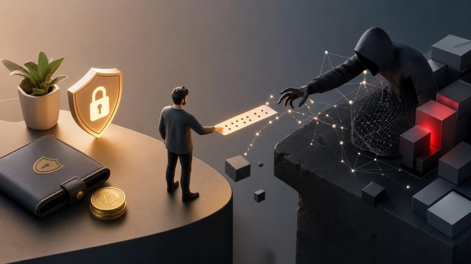 A cryptocurrency holder verifies an exchange address and network while keeping the wallet seed phrase and private key securely offline